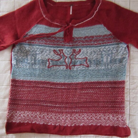 FREE PEOPLE-OVERSIZED WINTER HOLIDAY SWEATER-ANGORA-DEER-TIE NECK-CHRISTMAS-RUST - Picture 1 of 10